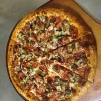 The Classic Combo Pizza · Pepperoni, Italian sausage, mushrooms, black olives and mozzarella with marinara. 