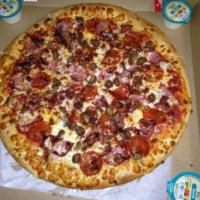 All Meat Pizza · Pepperoni, Canadian bacon, Italian sausage, ground beef, bacon and mozzarella with marinara. 