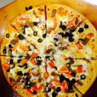 Greek Gyro Pizza · Gyro meat, red onions, Roma tomatoes, black olives, feta and mozzarella with butter-garlic s...