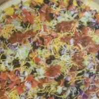 Taco Pizza · Seasoned ground beef, taco salsa, tomatoes, black olives, lettuce and blended taco cheese. 