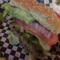 Baja Jalapeno Burger · Bacon burger with red onions and Monterey Jack cheese, served on an Italian roll with french...