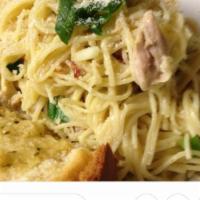 Chicken Carbonara Dinner · Alfredo sauce and imported bacon. Served with soup or salad and bread. 