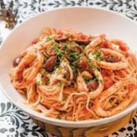 Calamari alla Supreme · Fried calamari tossed in homemade marinara sauce, olives, capers and roasted peppers. Includ...