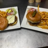Cheeseburger · 1/2 Pound burger topped with American Cheese, Served with a side of Lettuce, tomato, red oni...