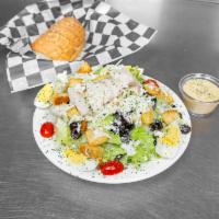 Chicken Caesar Salad · Iceberg lettuce, tomato, Black olives, Croutons, hardboiled egg, Grilled chicken, Ceasar dre...