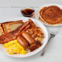 Big Breakfast · 2 eggs - any style, 2 pancakes or 2 french toast with 1 pork sausage link and 2 strips of ba...