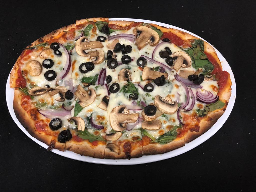 Veggie Pizza · Toppings- Spinach/black olives/mushrooms/red onions