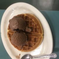 Belgian Waffle and Ice Cream · Served with two scoops ice cream and syrup.
