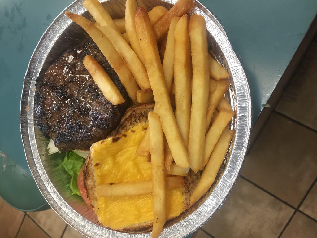 Cheeseburger · 8 oz Of freshly ground 100% steer beef. Regular burgers served on a bun with coleslaw and pickle. Deluxe burgers served with lettuce, tomato, French fries, coleslaw and pickle.