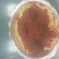 Meatball Parmigiana · Served with spaghetti