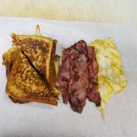 French toast platter · 4 French toast bacon or sausage 3 eggs cheese 