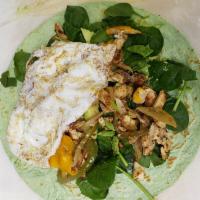 Healthy Combo Wrap · Grilled chicken, grilled onion and peppers, egg whites, avocado and spinach.