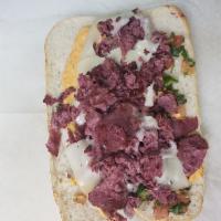 6. Manhattan Combo · Pastrami, corned beef with Swiss cheese, coleslaw and Russian dressing.