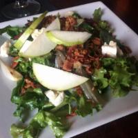 Osaka Pear Field Greens Salad · Baby mixed field greens salad with salt roasted beets, Asian pear, black toasted pecans, goa...