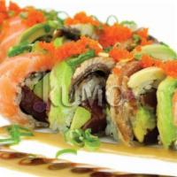 Angel Roll · Peppered tuna, tempura crunches, radis sprouts and wasabi on the side. Salmon, eel, avocado ...