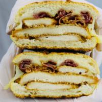 39. The Psycho Chicken Panini · Comes with breaded chicken cutlet, bacon, and melted Swiss cheese.
