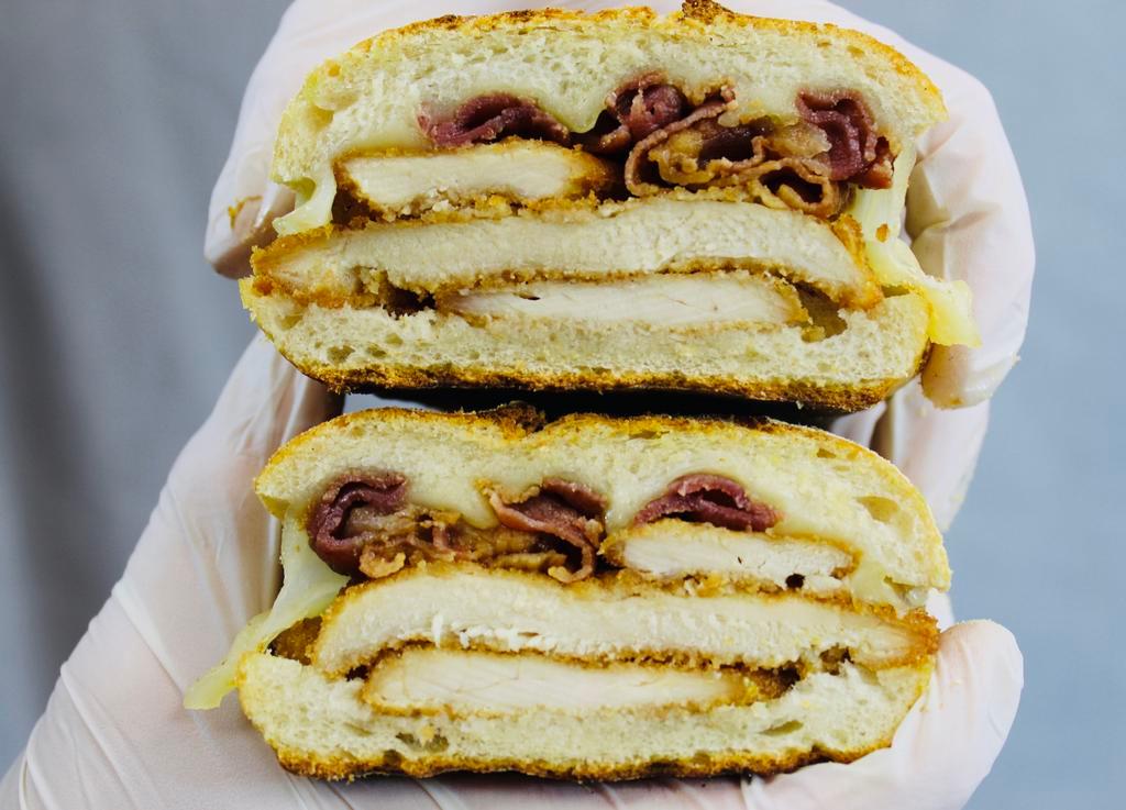 39. The Psycho Chicken Panini · Comes with breaded chicken cutlet, bacon, and melted Swiss cheese.