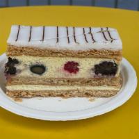 Napoleon  · 3 layers puff pastry, 2 layers light creme, fresh raspberries.
