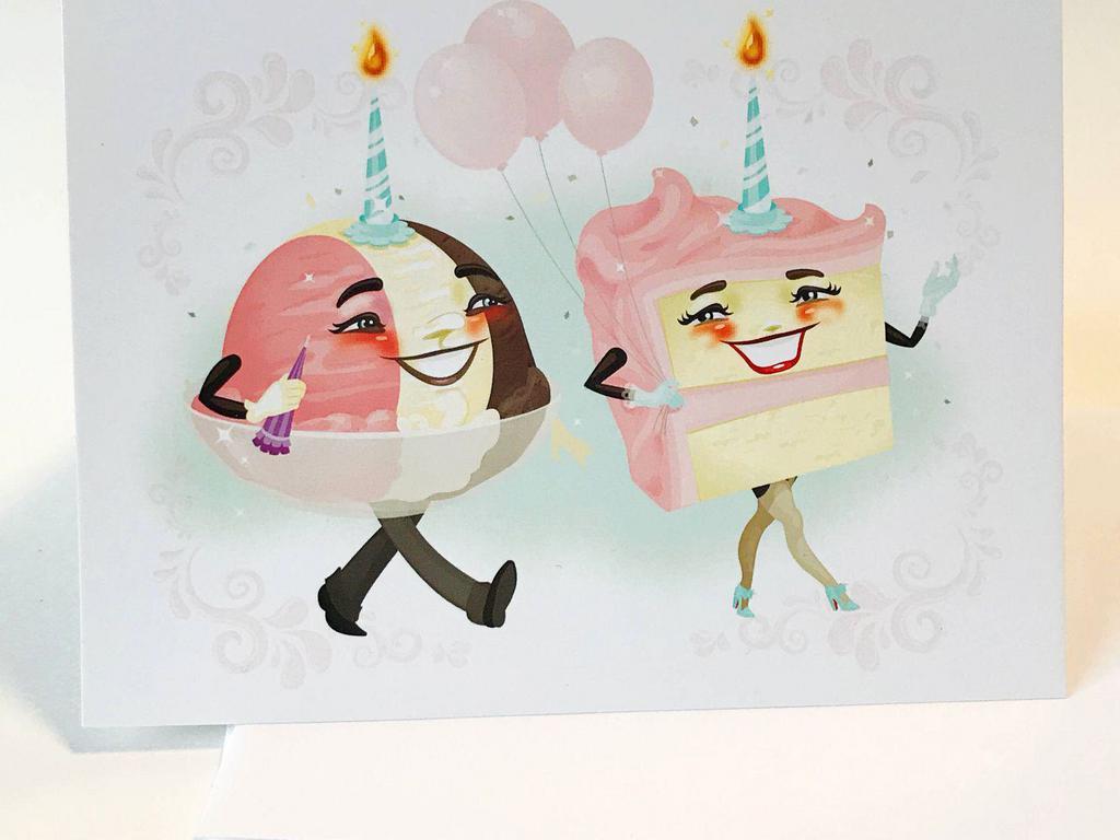 Kitschy Delish Birthday Greeting Card · In original illustration by Kelly Jackson. This ice cream and cake pair is ready to celebrate you!
This card measures 4 1/2 x 5.5“. It is printed on premium glossy card stock. A white envelope is included. 
This card is packaged in a plastic sleeve.