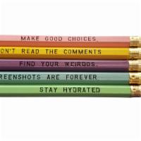 Modern Life Advice Pencils default · -These pencils are a standard number 2 lead pencil.

-Phrases are engraved.

-Packaged with ...