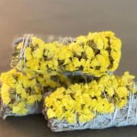 White Sage Smudge Sticks with Yellow Flowers in Bulk default · White Sage (Salvia Apiana) smudge sticks with dried yellow sinuata  flowers to help purify y...