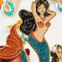 Kitschy Delish Mermaid soft enamel pin with glitter · This sparkly Mermaid enamel pin measures approx. 2inches tall and is secured with 2 black ru...