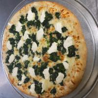 White W/Spinach Pizza Pie · Mozzarella, Ricotta Cheese, Parmesan Cheese, Spinach and Fresh Garlic.