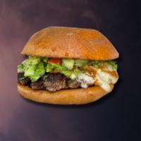 That Argentinian Burger · 6 oz. 100% Angus beef patty, provolone, grilled mushrooms, salsa criolla, chimichurri.