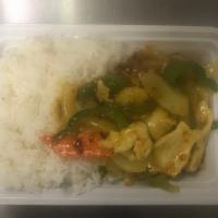 L6. Curry Chicken Combo Plate · Hot and spicy.