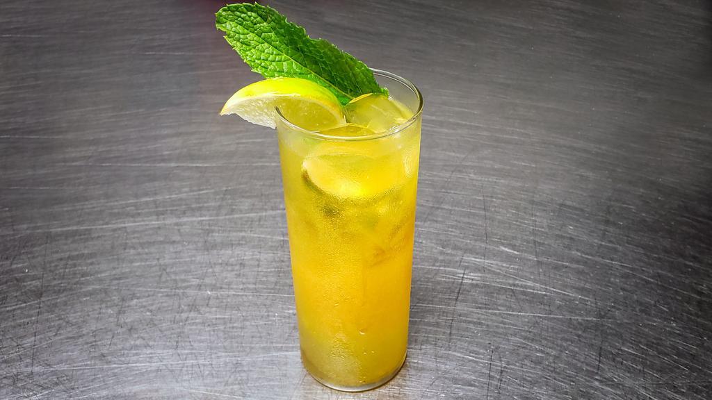 Mango Mojito NA · Muddle lime and mint leaves, lime juice, mango nectar, and club soda.