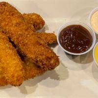 Chicken Fingers · Made in house with boneless chicken breast covered in our signature panko mix and served wit...