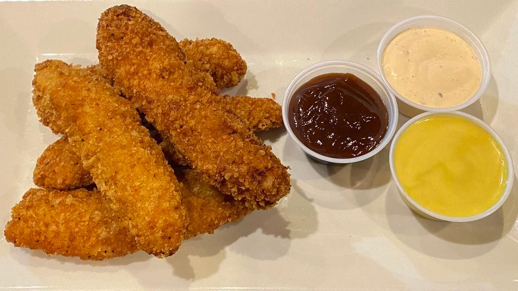 Chicken Fingers · Made in house with boneless chicken breast covered in our signature panko mix and served with honey mustard, BBQ, or Chipotle Mayo.