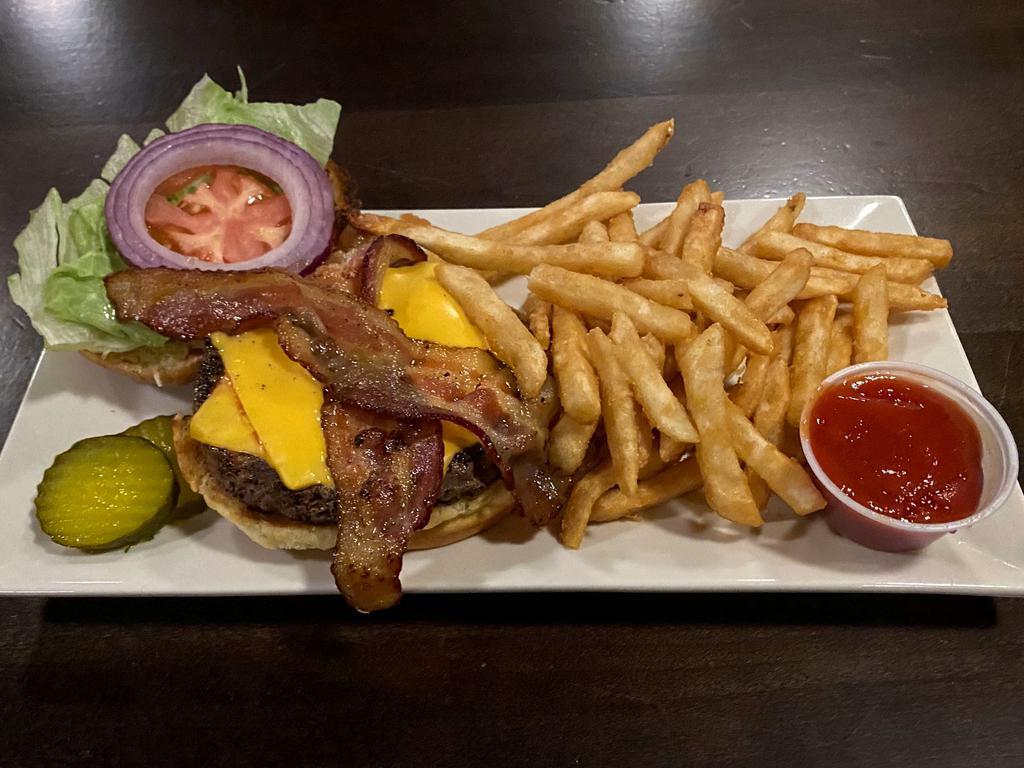 RTR&G Burger · A perfect blend of short ribs, chuck, and ribeye topped with smoke house bacon, lettuce, tomato, pickles, red onion, and your choice of melted cheese served on a toasted brioche bun.