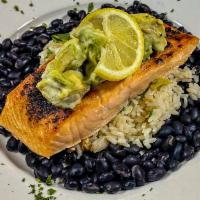 Avocado Salmon  · Gluten free. Crispy seared salmon fillet topped with a creamy avocado salsa and served with ...