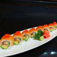 Kiko Roll · Salmon, Cucumber and Avocado inside with salmon and Mazago on the top.