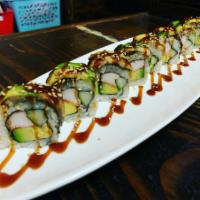 Canelo Roll · crab avocado cucumber inside whit eel avocado in the top