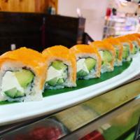 Belinda roll · Avocado cucumber and cream cheese inside with salmon and massago on the top