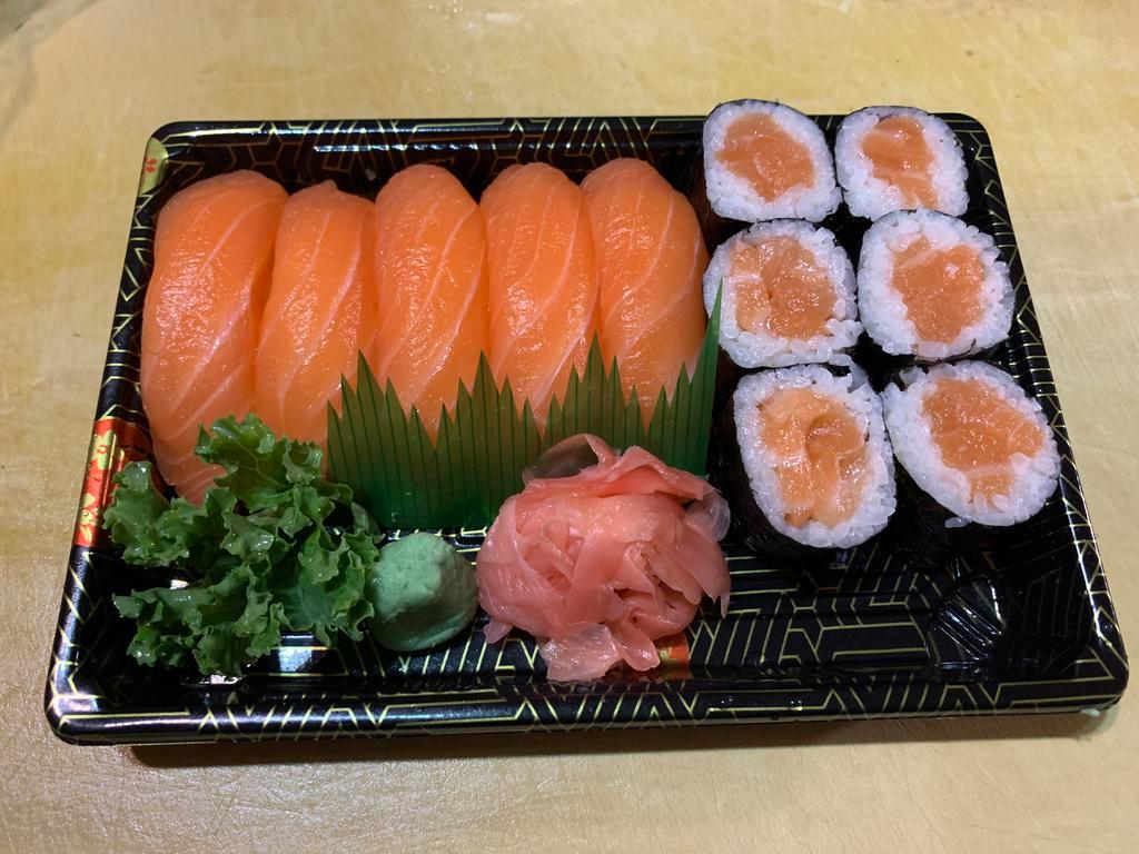 Salmon Sushi Dinner Combo Special · 5 pieces of salmon sushi and 1 salmon roll.