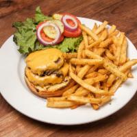 Highland Cheeseburger · Two 4 oz patties, American cheese, lettuce, tomato, pickles, and onions on a toasted bun. Se...