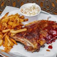 Saturday- 1/2 Slab BBQ Rib Dinner · Tender juicy 1/2 slab BBQ Ribs with an order on fries and a side of Cole Slaw.