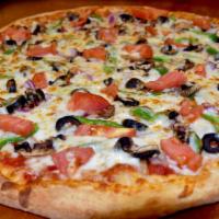Vegetarian Pizza · Green peppers, onions, mushrooms, olives, sliced tomatoes, extra cheese and tomato sauce.