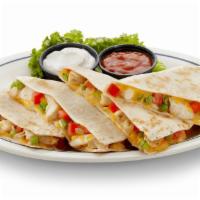 Quesadilla · Flour tortilla filled with cheese, your choice of meat or no meat, with pico de gallo sour c...