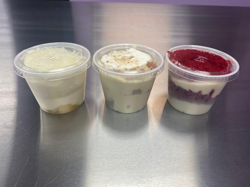 3 Pack Asst. · Bundle of 3 of our popular cake cups and banana pudding. Includes: One red velvet cake cup, one pineapple coconut cake cup and one banana pudding cup.  5.5oz 