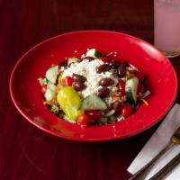 Greek Salad · Fried greens, tomatoes, cucumbers, onions, feta, pepperoncini, Kalamata olives, and house dr...