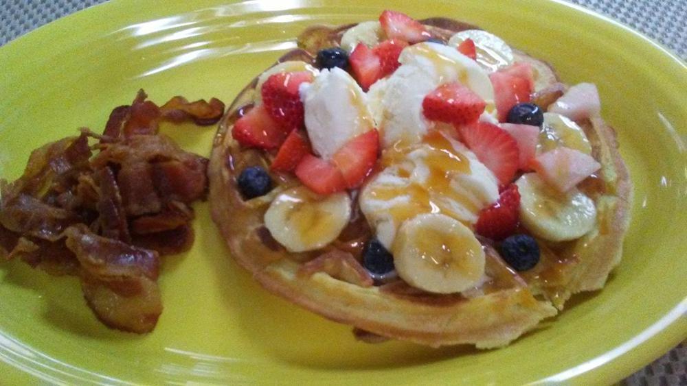 Waffle Goodies · Topped with strawberries or blueberries and whipped cream if requested.
