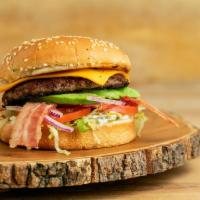 Bacon Avocado Cheeseburger · 1.4 lb patty comes with cheese, bacon, fresh sliced avocado, mayo, relish, red onion, lettuc...