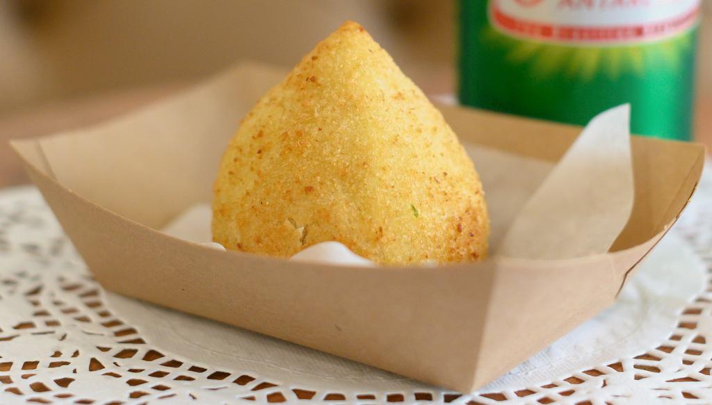 Chicken Croquette · Coxinha. Pear-shaped, deep-fried chicken filled croquette, with a cream cheese center.