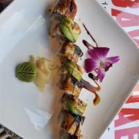 Dragon Roll · Shrimp tempura, sushi rice, nori, avocado, cucumbe, eel & eel sauce.
