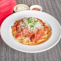 Spaghetti with Meatballs · Three meatballs, marinara and fresh Parmesan.