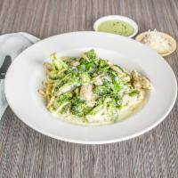 Linguine Pesto Chicken  · Pesto, Alfredo sauce, spinach and broccoli.
